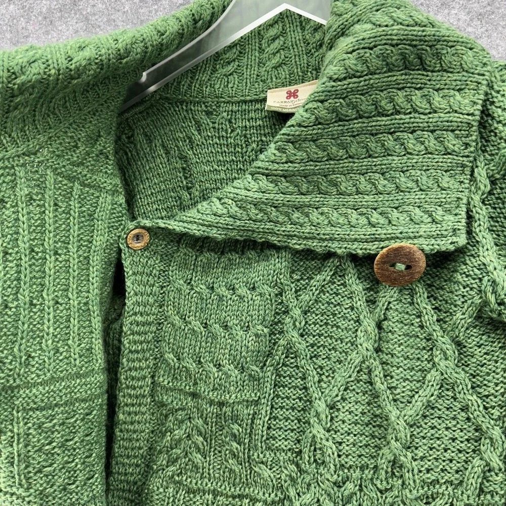 Carraig Donn Womens Merino Wool Aran Irish Wrap Sweater Size‎ XS Green Fisherman - Picture 8 of 12